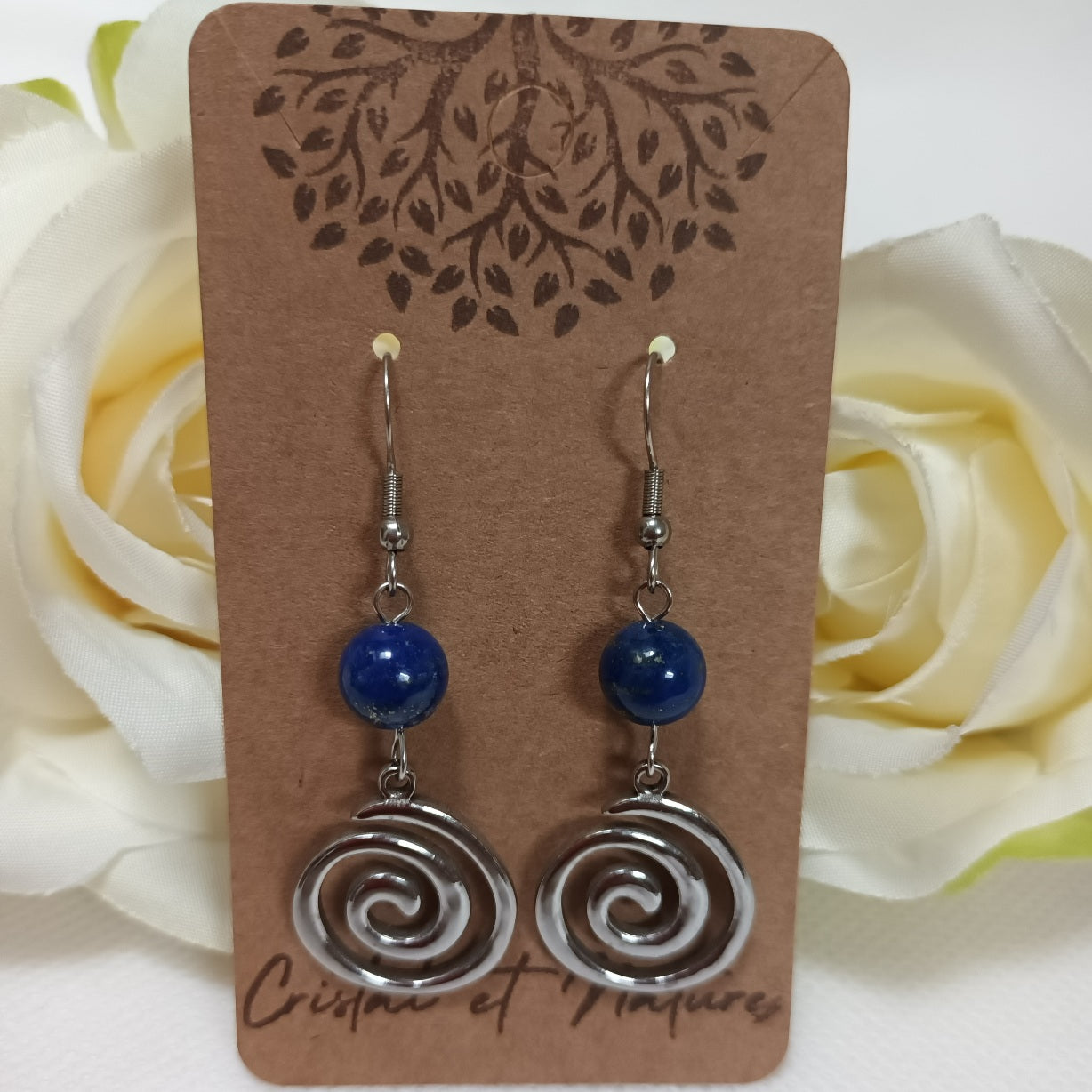 Boucles d’oreilles lapis‑lazuli - acier inoxydable - 5,6 × 1,8 cm