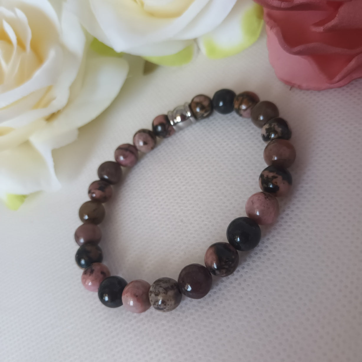 Bracelet rhodonite 8 mm - perle acier inox - élastique 17 cm
