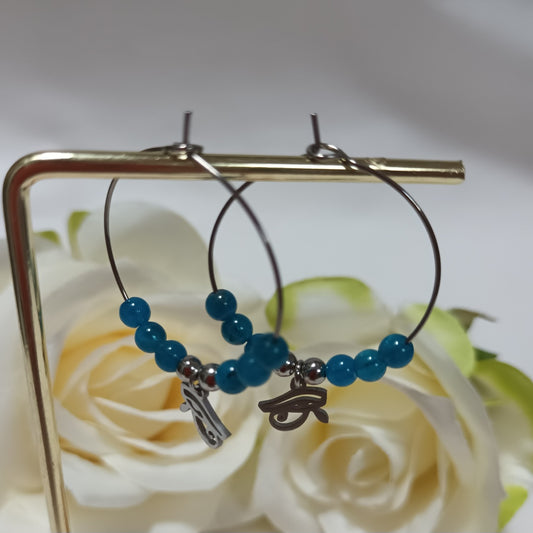 Boucles d’oreilles apatite bleue - anneaux motif troisième œil - acier inoxydable - 4 × 3 cm