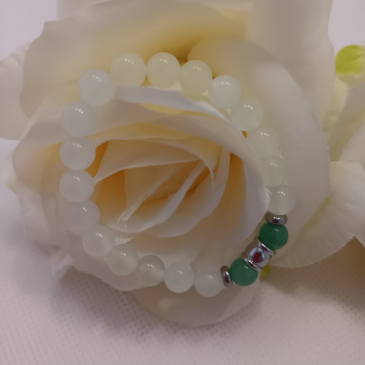 Bracelet jade de Chine & aventurine verte 6 mm - perles acier inox - élastique 12 cm - enfant