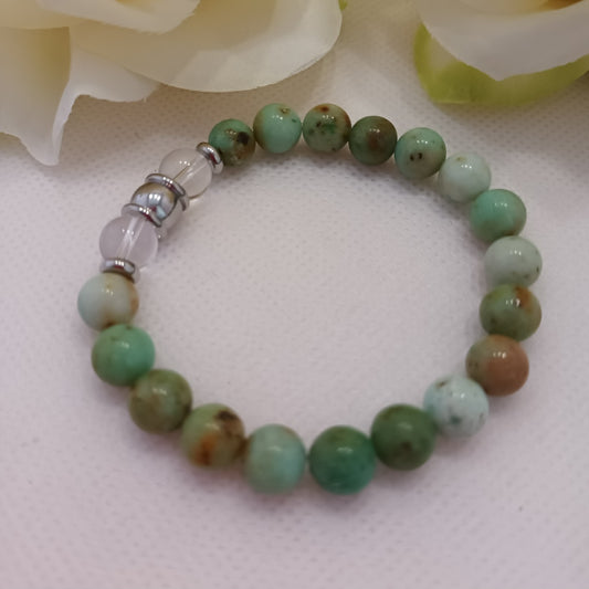 Bracelet turquoise de Mongolie & cristal de roche 8 mm - perles acier inox - élastique 15 cm