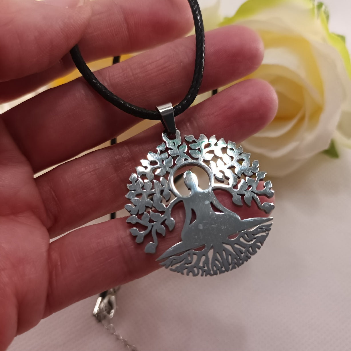 Pendentif Bouddha & Arbre de Vie argent - acier inoxydable - 3,5 cm