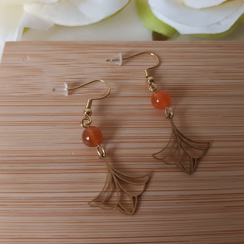 Boucles d’oreilles agate de feu - motif éventail - acier inoxydable - 5 × 2 cm