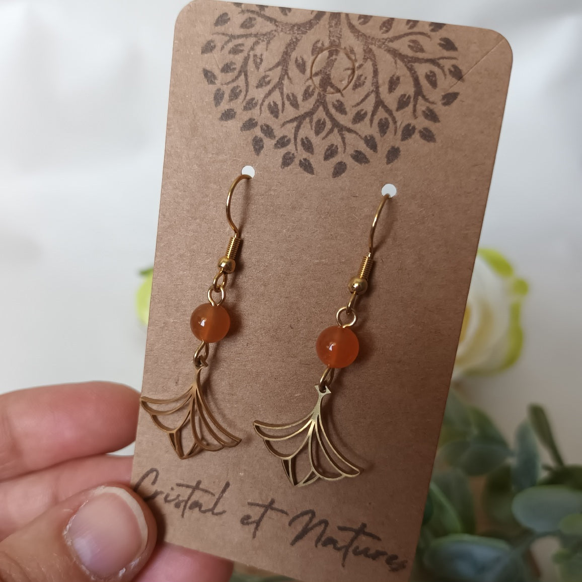 Boucles d’oreilles agate de feu - motif éventail - acier inoxydable - 5 × 2 cm