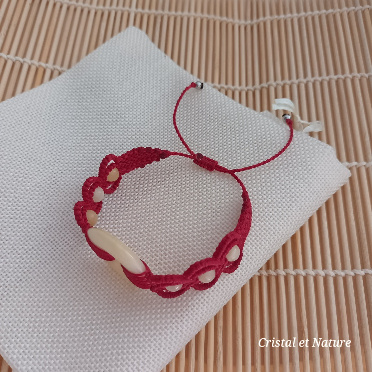 Bracelet calcite jaune - donut 3 cm - micro‑macramé - réglable