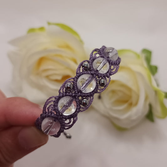 Bracelet cristal de roche 8 mm - micro‑macramé - réglable