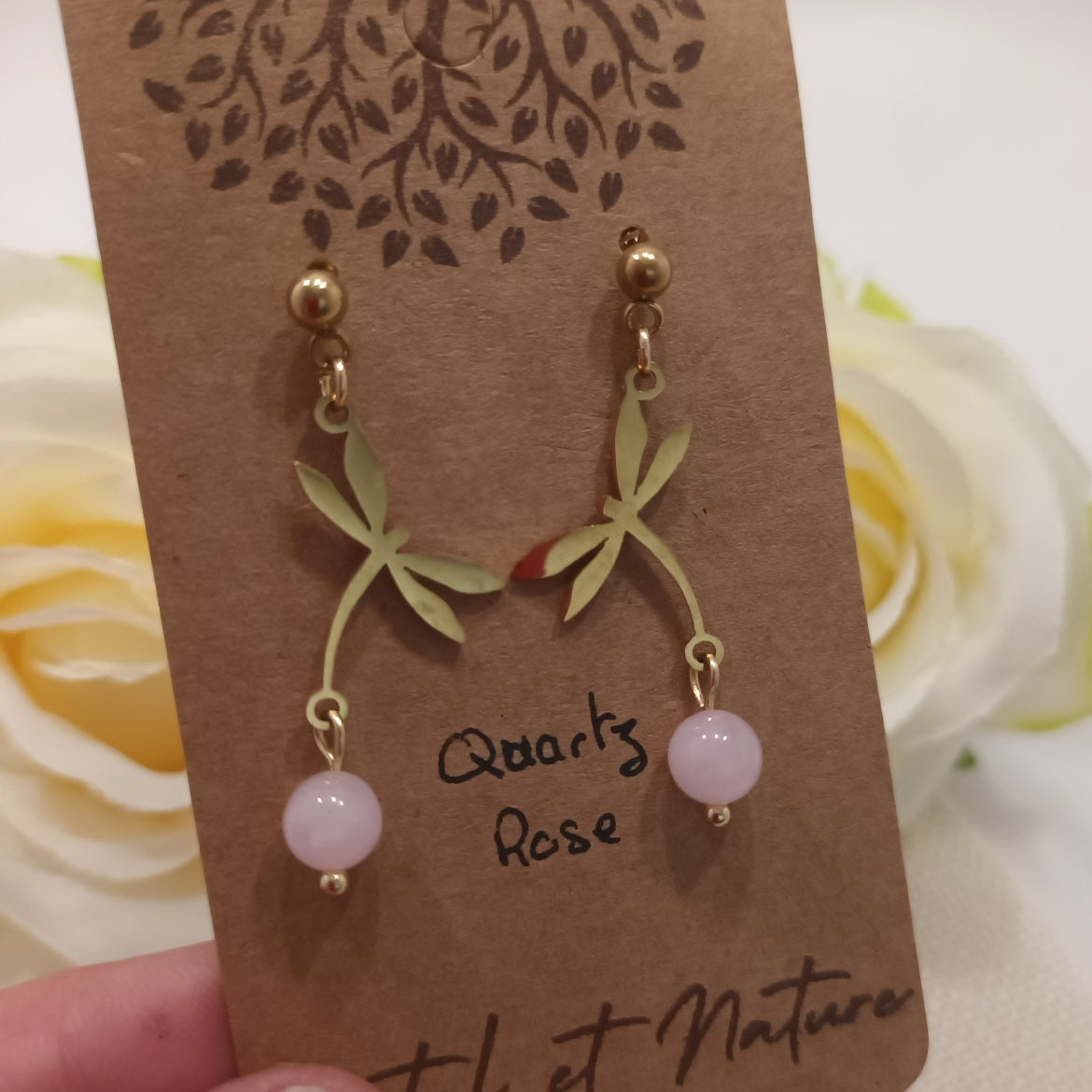 Boucles d’oreilles quartz rose - motif libellule - acier inoxydable - 4 × 1,5 cm