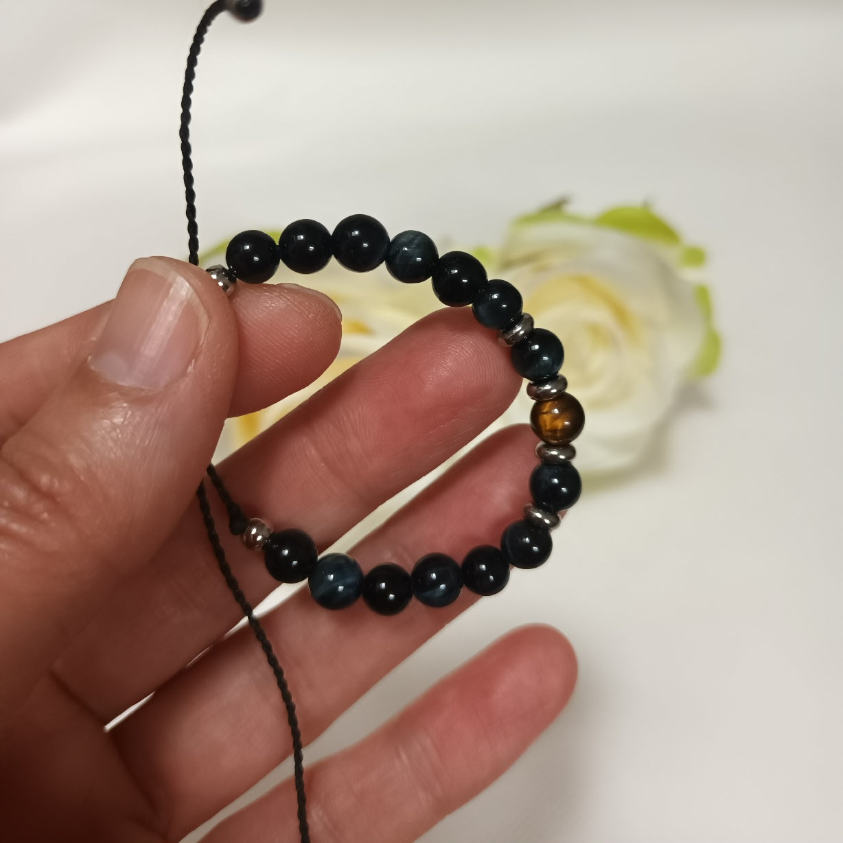 Bracelet œil de faucon & œil de tigre 6 mm - ajustable - enfant