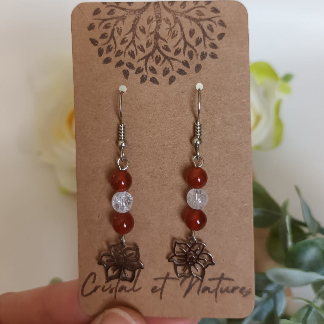 Boucles d’oreilles cornaline & cristal de roche - acier inoxydable - 5,5 × 1,4 cm