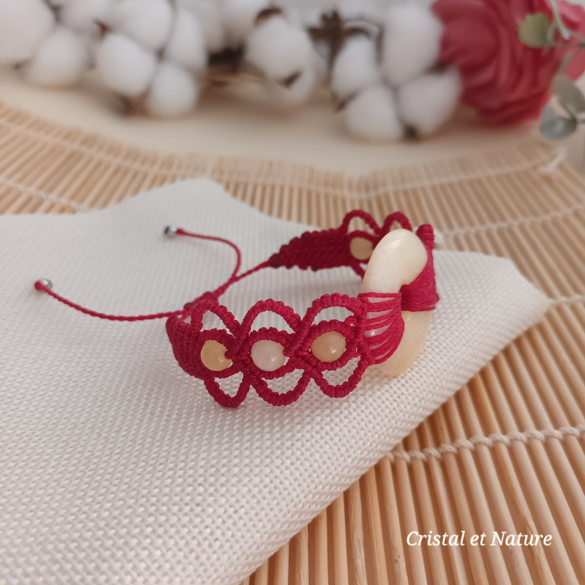 Bracelet calcite jaune - donut 3 cm - micro‑macramé - réglable