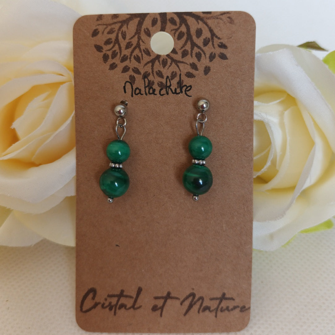 Boucles d’oreilles malachite - acier inoxydable - 2,9 × 0,8 cm