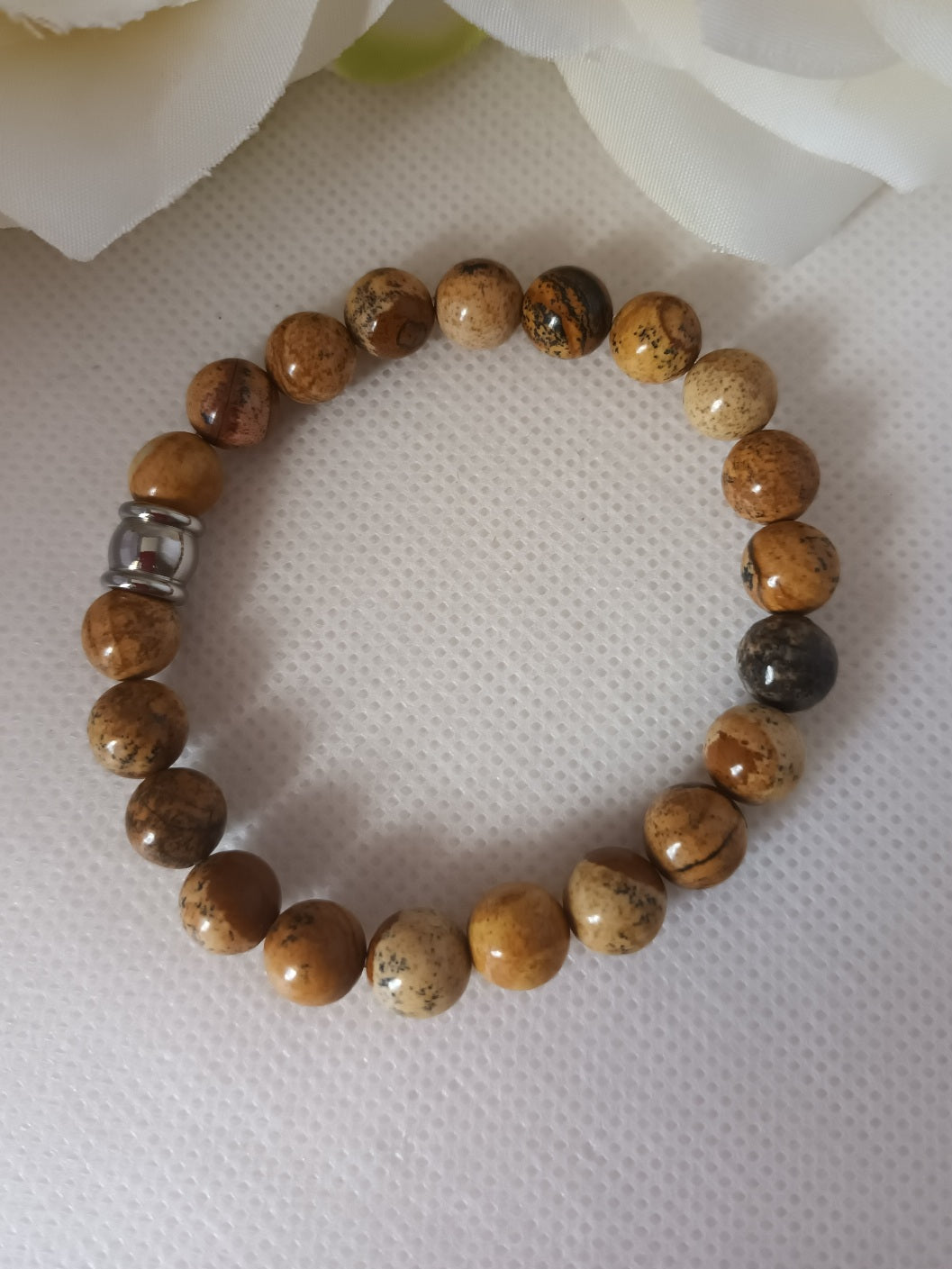 Bracelet jaspe paysage 8 mm - perle acier inox - élastique 15,5 cm