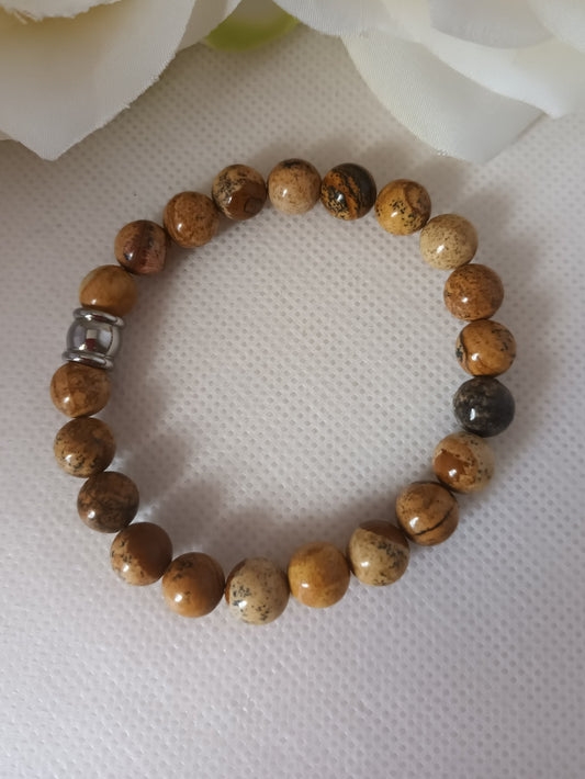 Bracelet jaspe paysage 8 mm - perle acier inox - élastique 15,5 cm