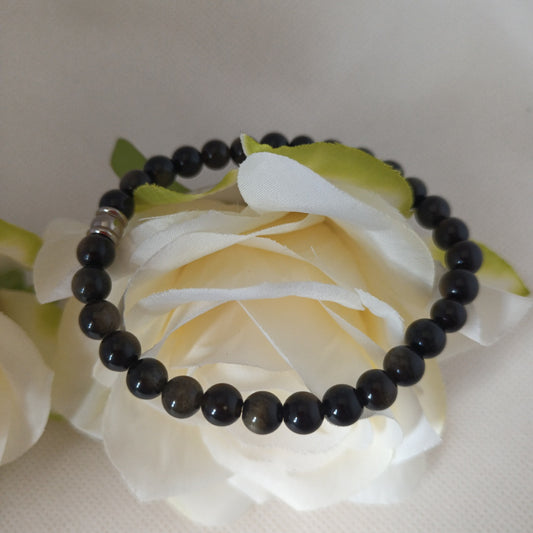 Bracelet obsidienne dorée 6 mm - perles acier inox - élastique 17 cm