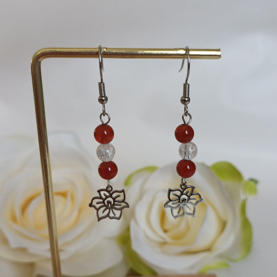 Boucles d’oreilles cornaline & cristal de roche - acier inoxydable - 5,5 × 1,4 cm