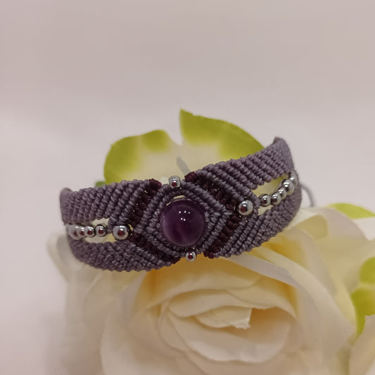 Bracelet fluorine violette - micro‑macramé - réglable
