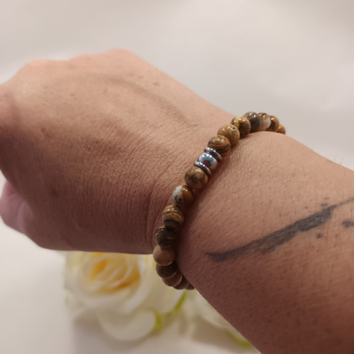 Bracelet jaspe paysage 6 mm - perle acier inox - élastique