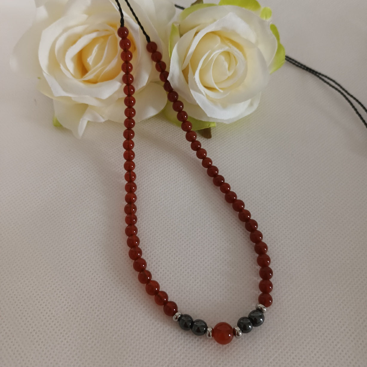 Collier cornaline & hématite - perles acier inox - réglable