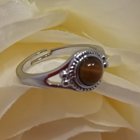Bague réglable œil de tigre - pierre ronde - laiton rhodié