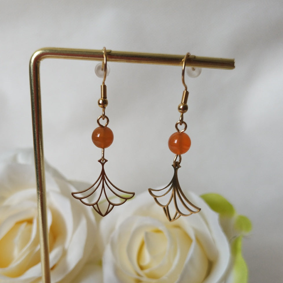 Boucles d’oreilles agate de feu - motif éventail - acier inoxydable - 5 × 2 cm