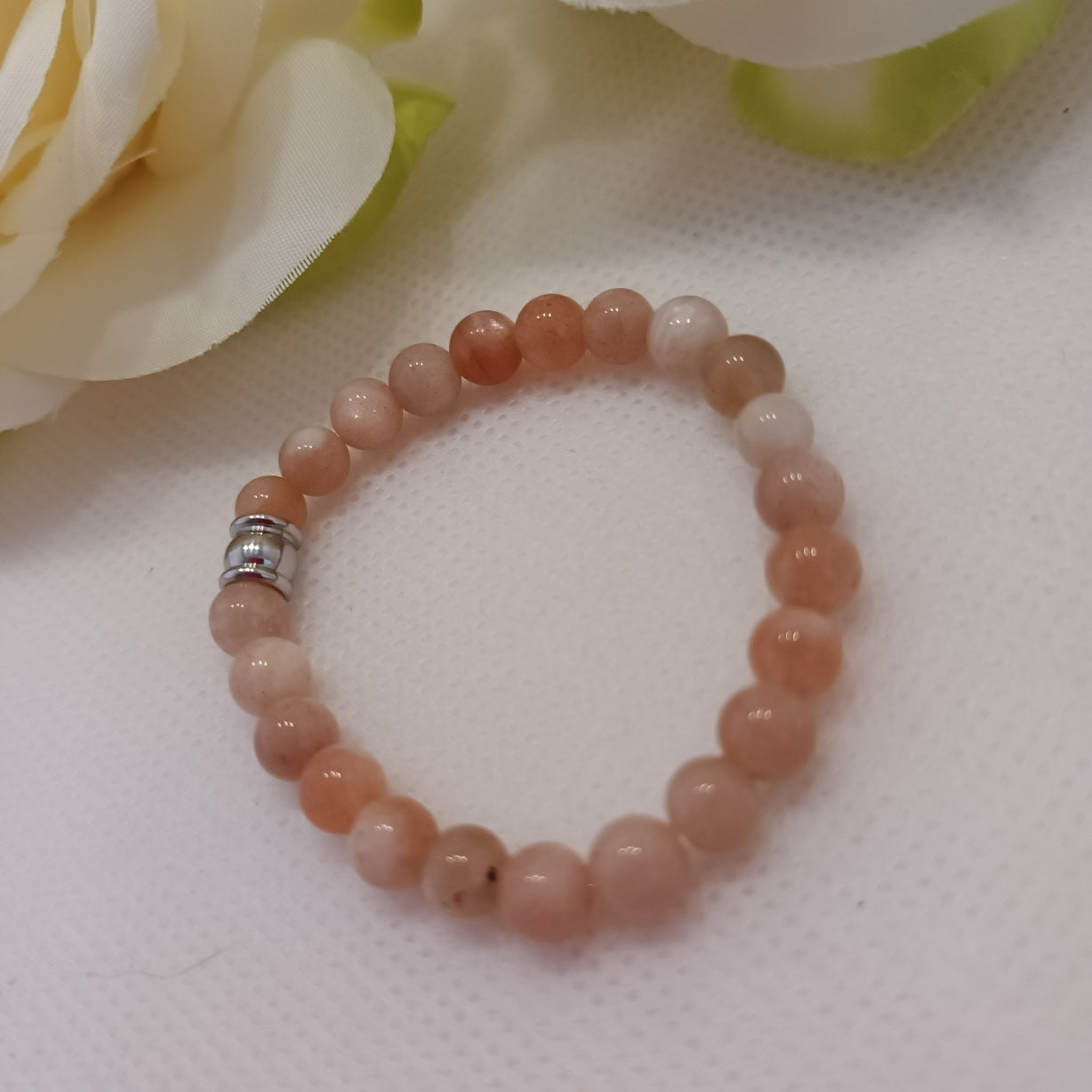 Bracelet pierre de lune rose - perle acier inox - élastique 12 cm - enfant