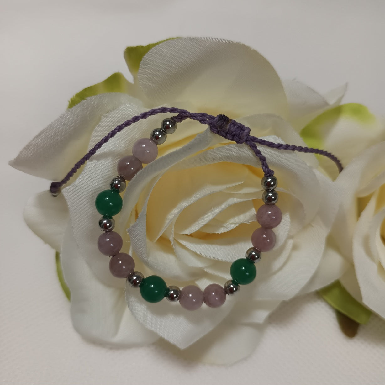 Bracelet quartz rose de Madagascar & aventurine verte 6 mm - réglable - enfant