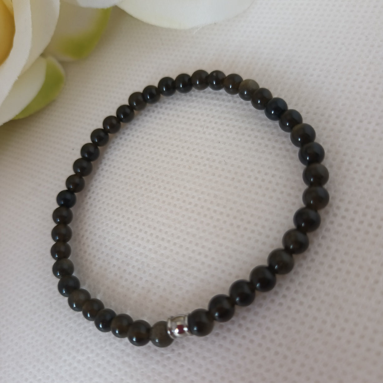 Bracelet obsidienne dorée 4 mm - perle acier inox - élastique 16 cm