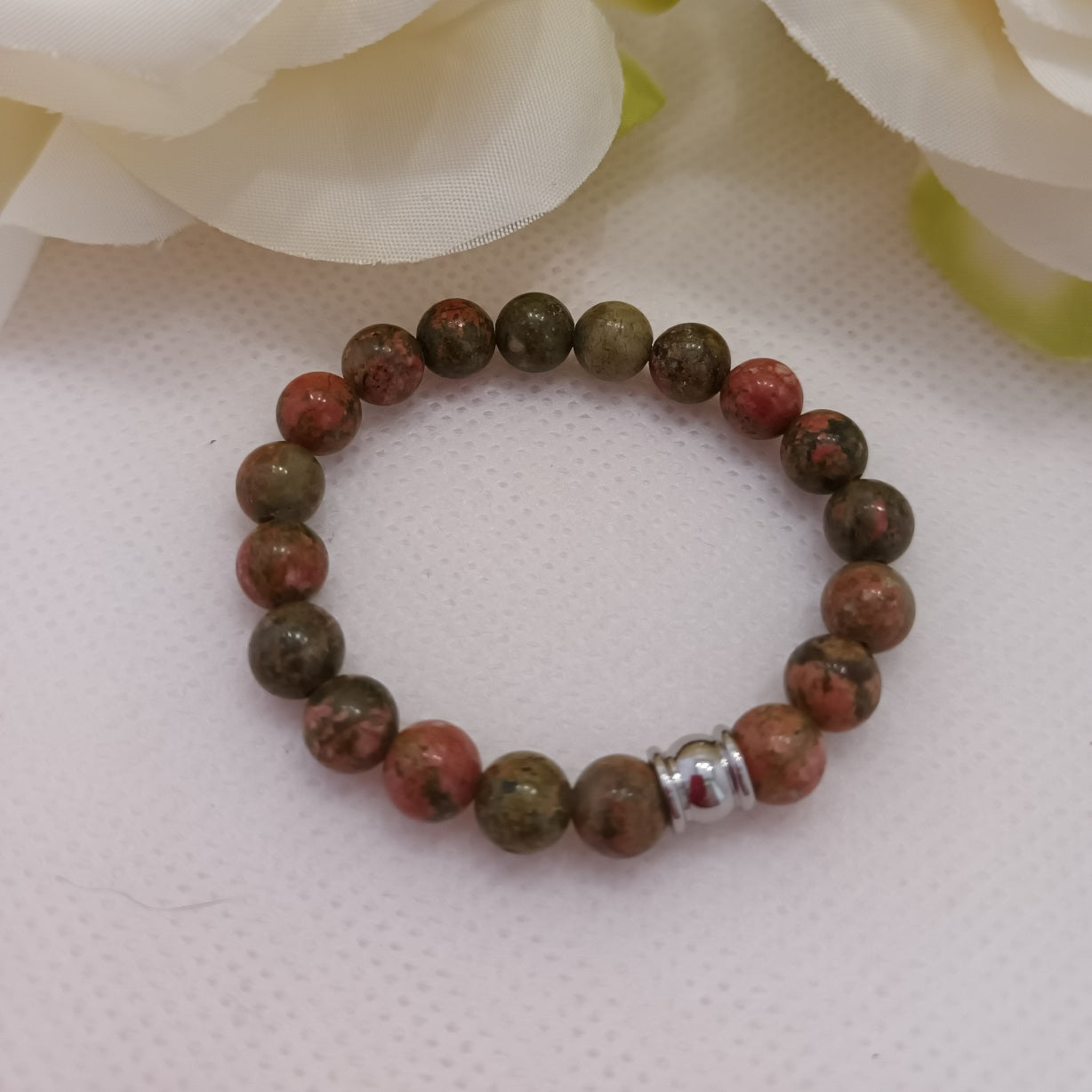 Bracelet unakite 6 mm - perle acier inox - élastique 11 cm - enfant