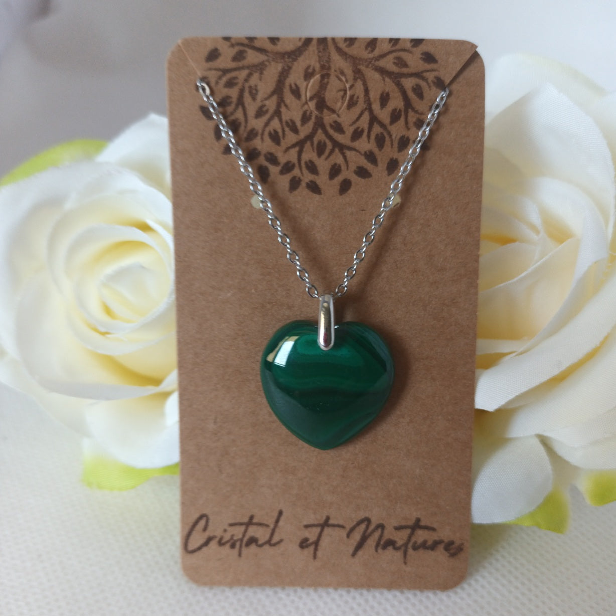 Pendentif cœur en malachite - chaîne acier inox - 2,2 cm