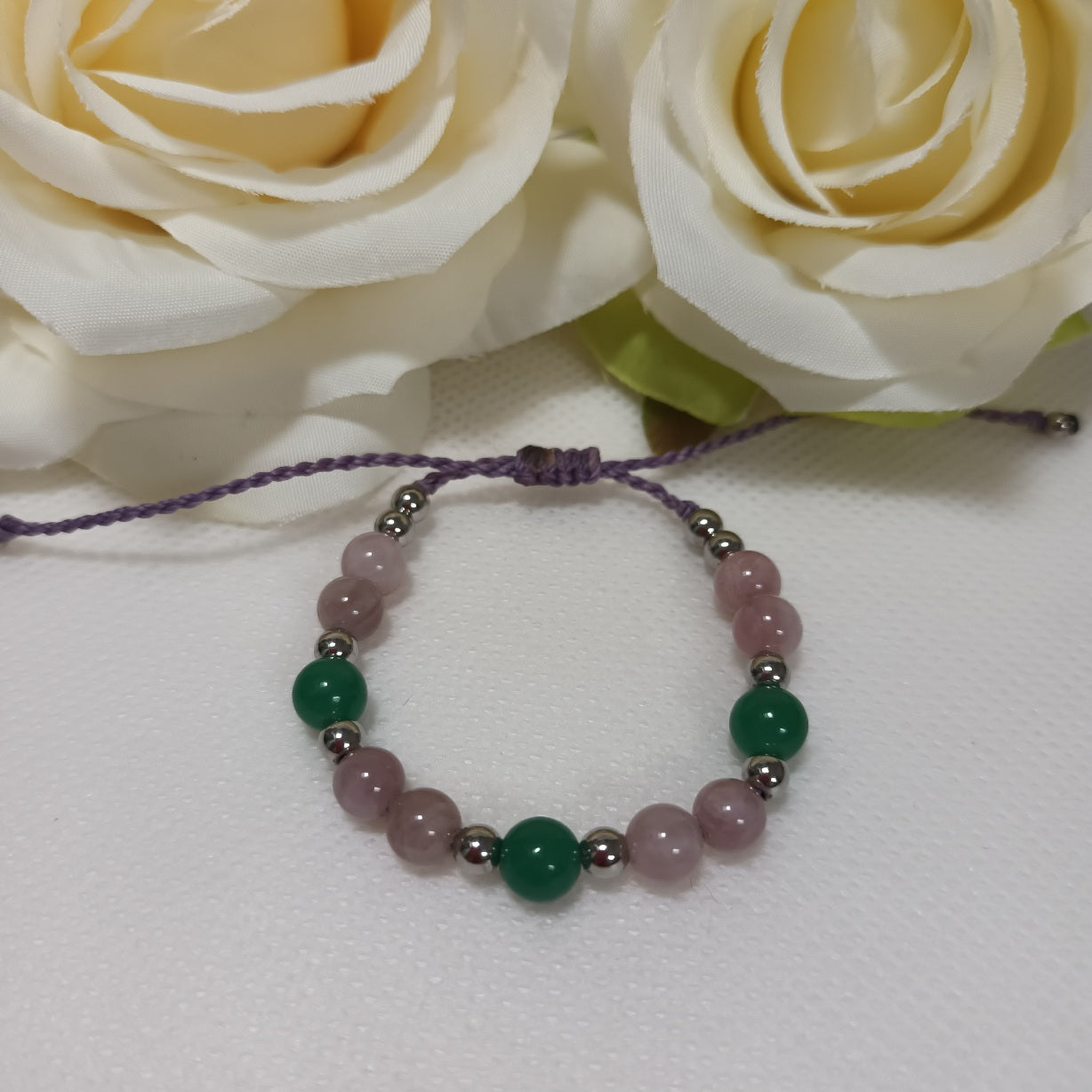 Bracelet quartz rose de Madagascar & aventurine verte 6 mm - réglable - enfant