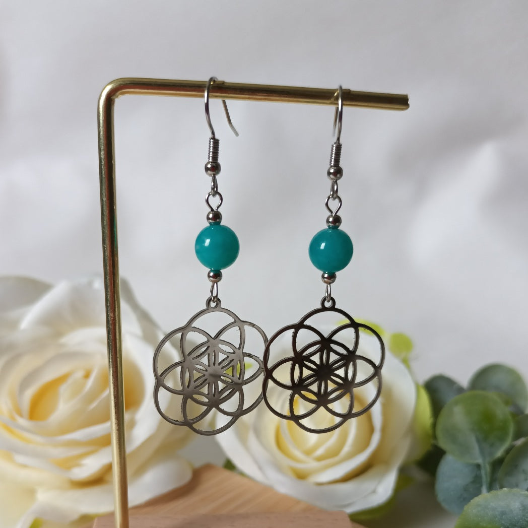 Boucles d’oreilles amazonite du Pérou - acier inoxydable - 6,2 × 2,5 cm