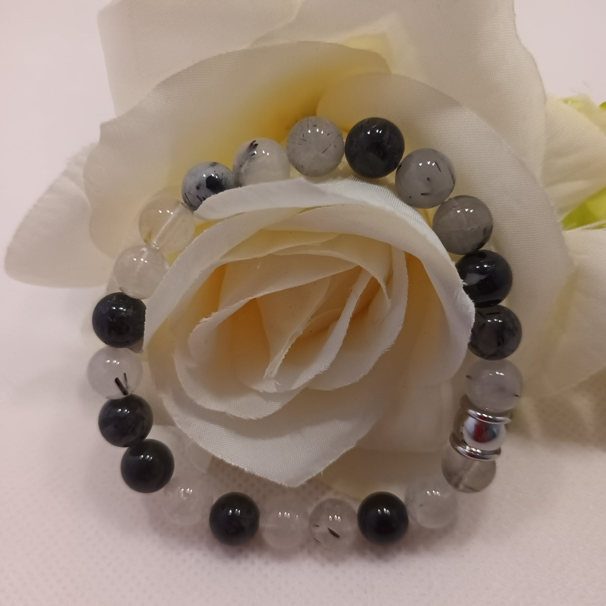 Bracelet quartz tourmaline 8 mm - perle acier inox - élastique 16 cm
