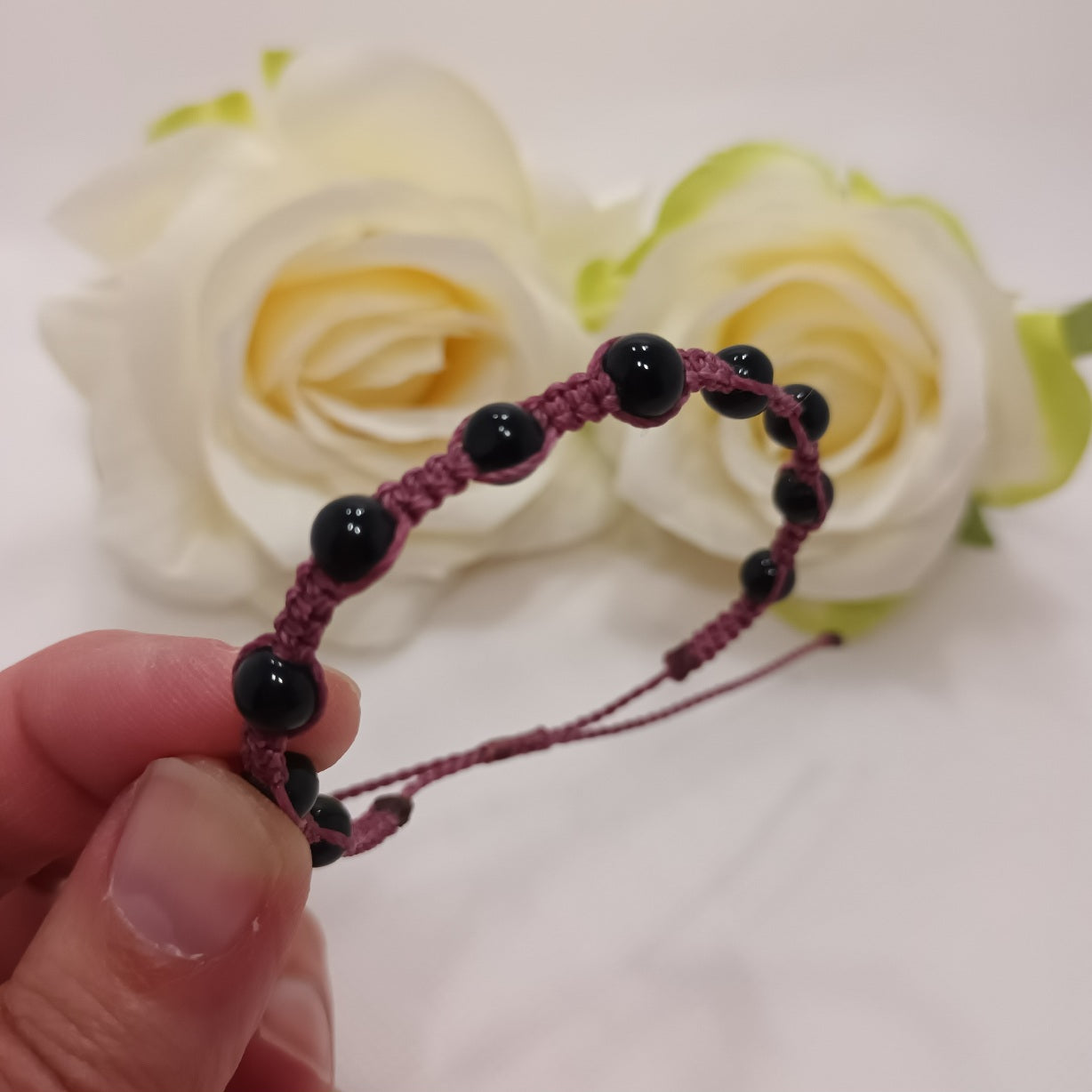 Bracelet obsidienne œil céleste 6 mm - micro‑macramé - réglable