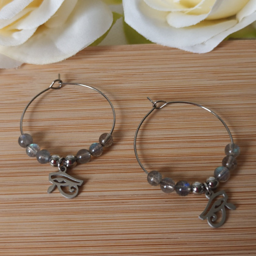 Boucles d’oreilles labradorite - motif troisième œil - anneaux 3 cm - acier inoxydable