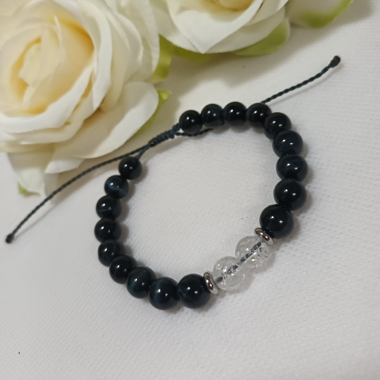 Bracelet œil de faucon & cristal de roche 8 mm - réglable