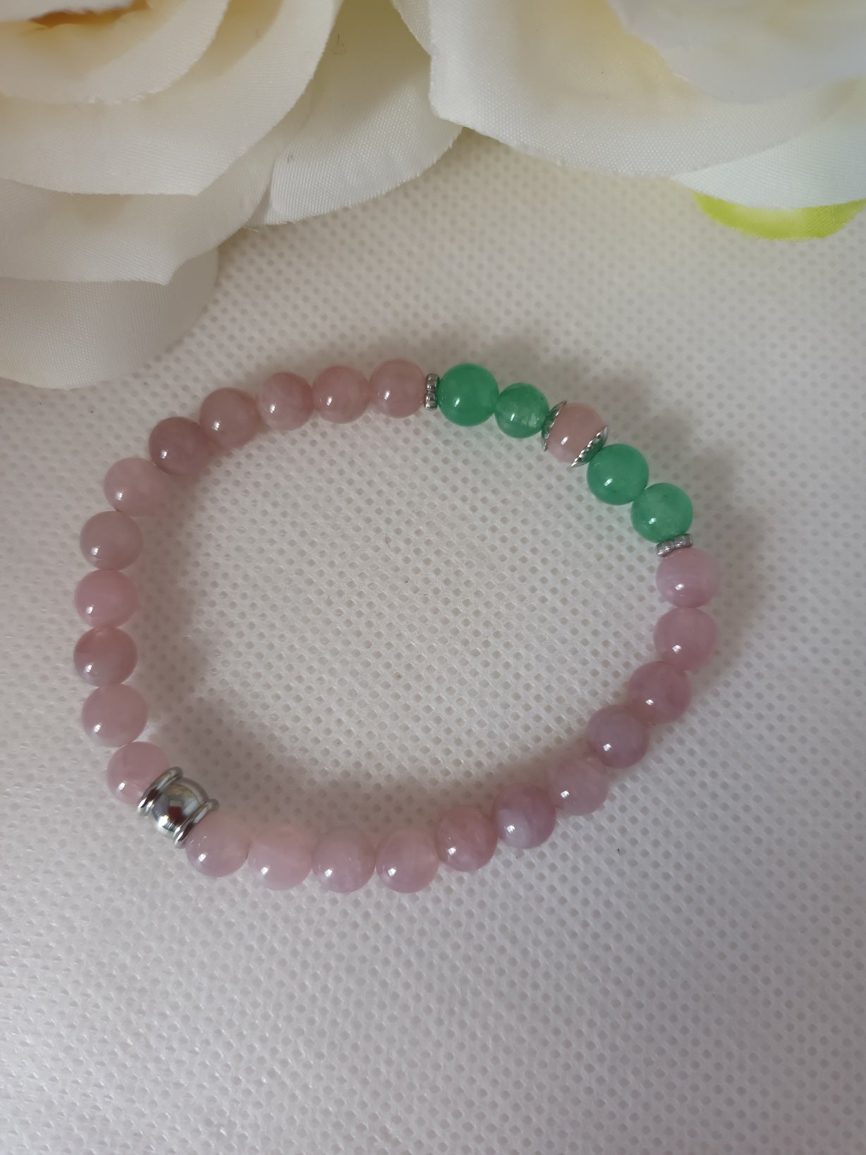 Bracelet quartz rose de Madagascar et aventurine verte 6 mm - breloques acier inox  élastique 15 cm