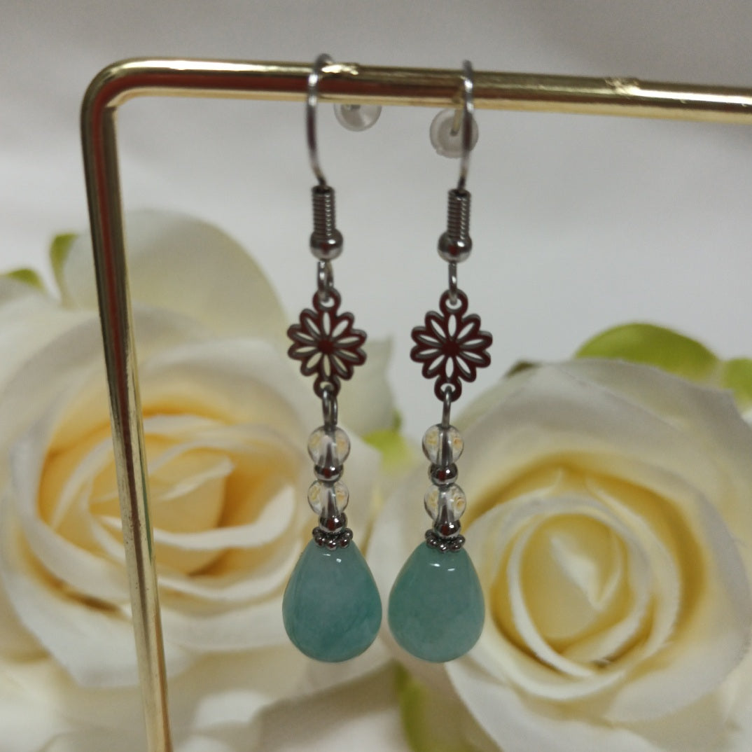 Boucles d’oreilles amazonite & cristal de roche - acier inoxydable - 6,3 × 1 cm