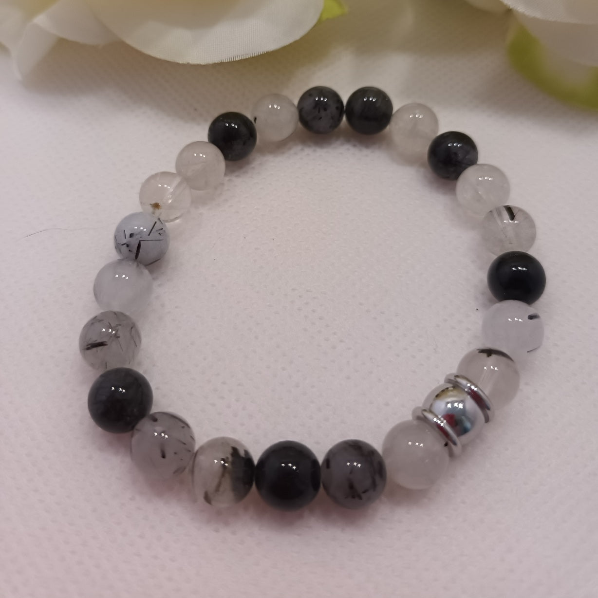 Bracelet quartz tourmaline 8 mm - perle acier inox - élastique 16 cm