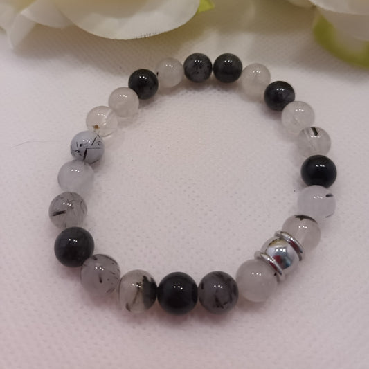 Bracelet quartz tourmaline 8 mm - perle acier inox - élastique 16 cm