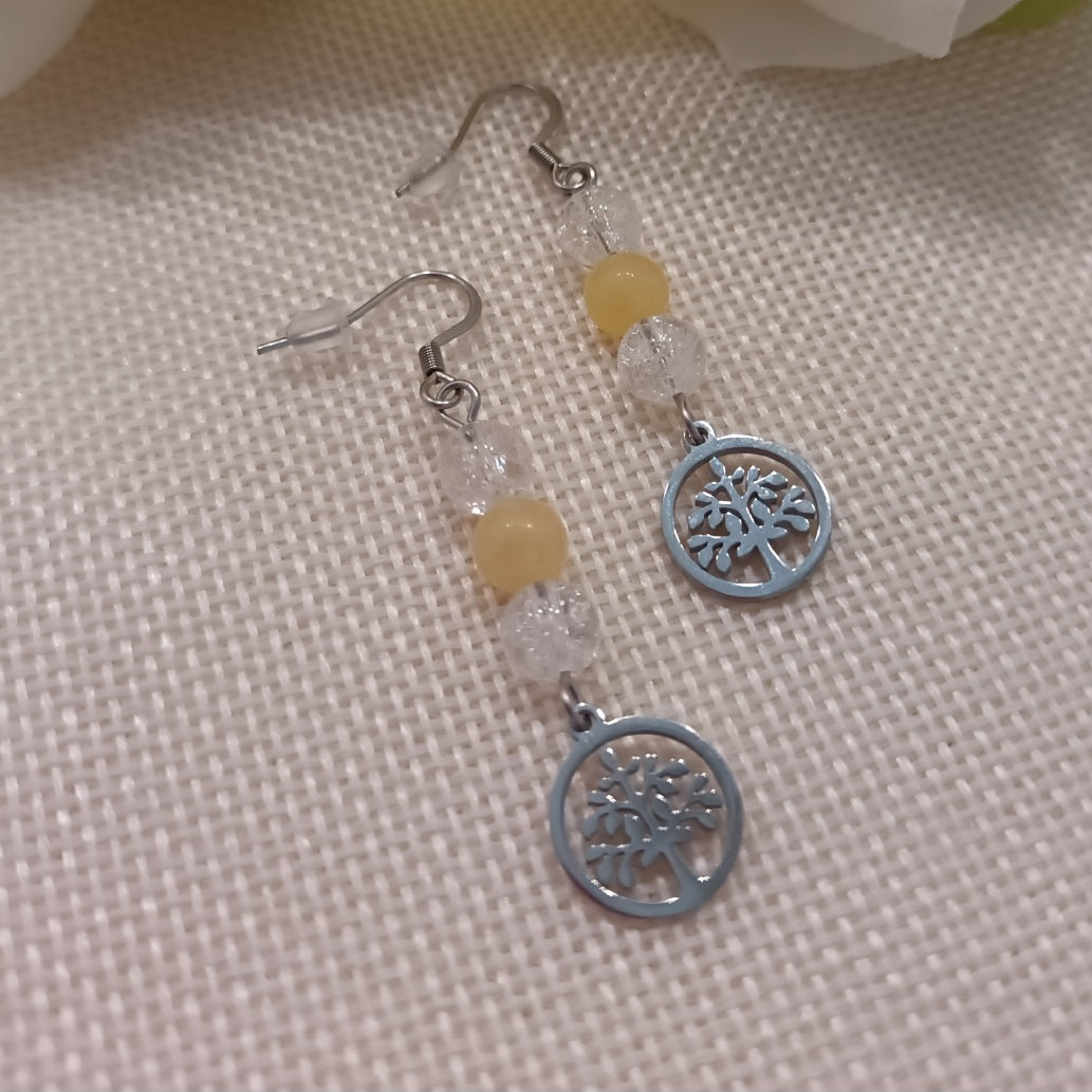 Boucles d’oreilles cristal de roche & calcite orange - acier inoxydable - 5,3 × 1 cm