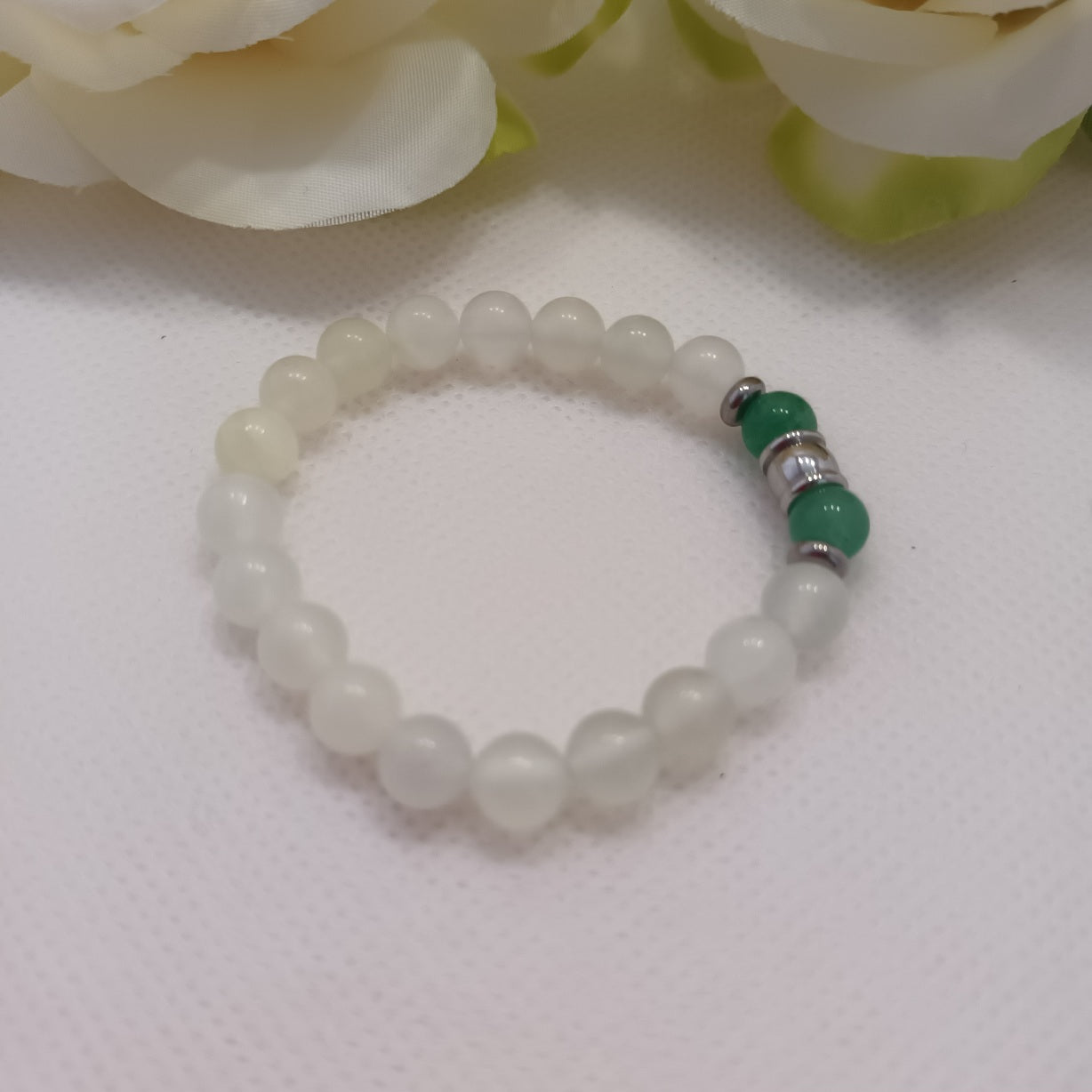 Bracelet jade de Chine & aventurine verte 6 mm - perles acier inox - élastique 12 cm - enfant