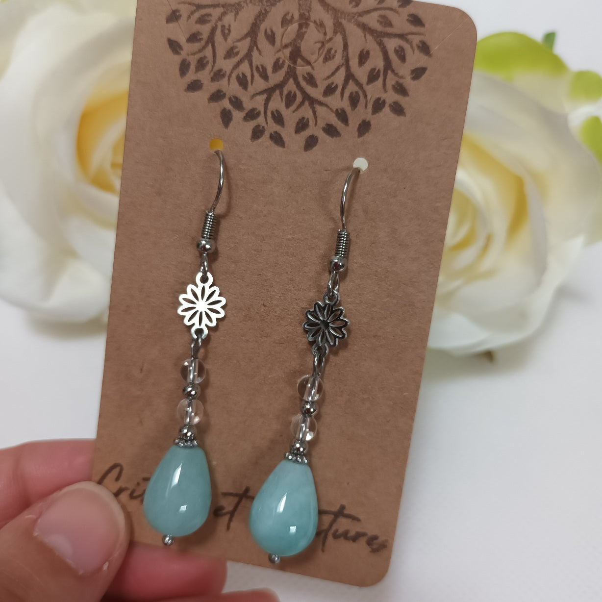 Boucles d’oreilles amazonite & cristal de roche - acier inoxydable - 6,3 × 1 cm