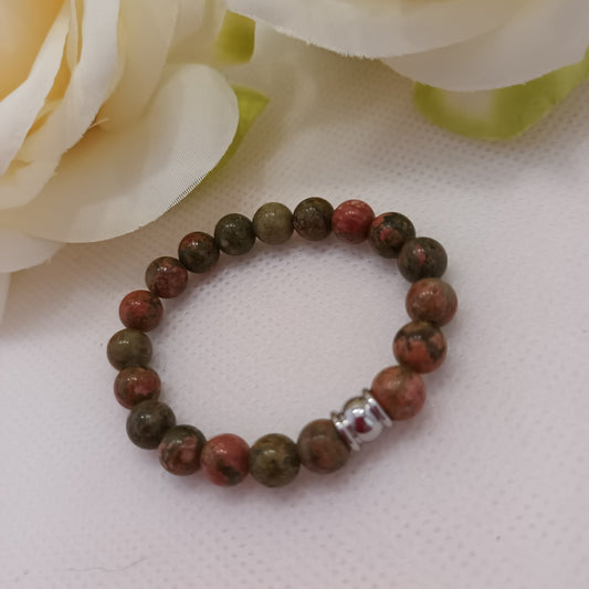 Bracelet unakite 6 mm - perle acier inox - élastique 11 cm - enfant