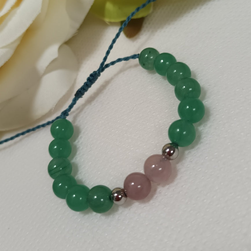 Bracelet aventurine verte & quartz rose 6 mm - ajustable - enfant