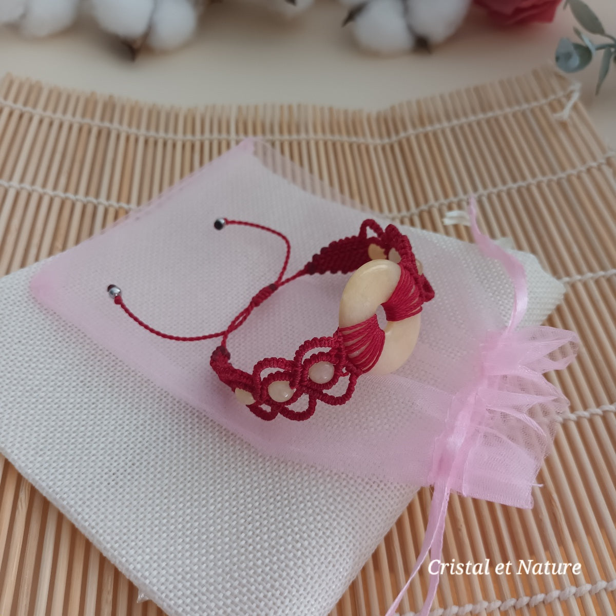Bracelet calcite jaune - donut 3 cm - micro‑macramé - réglable