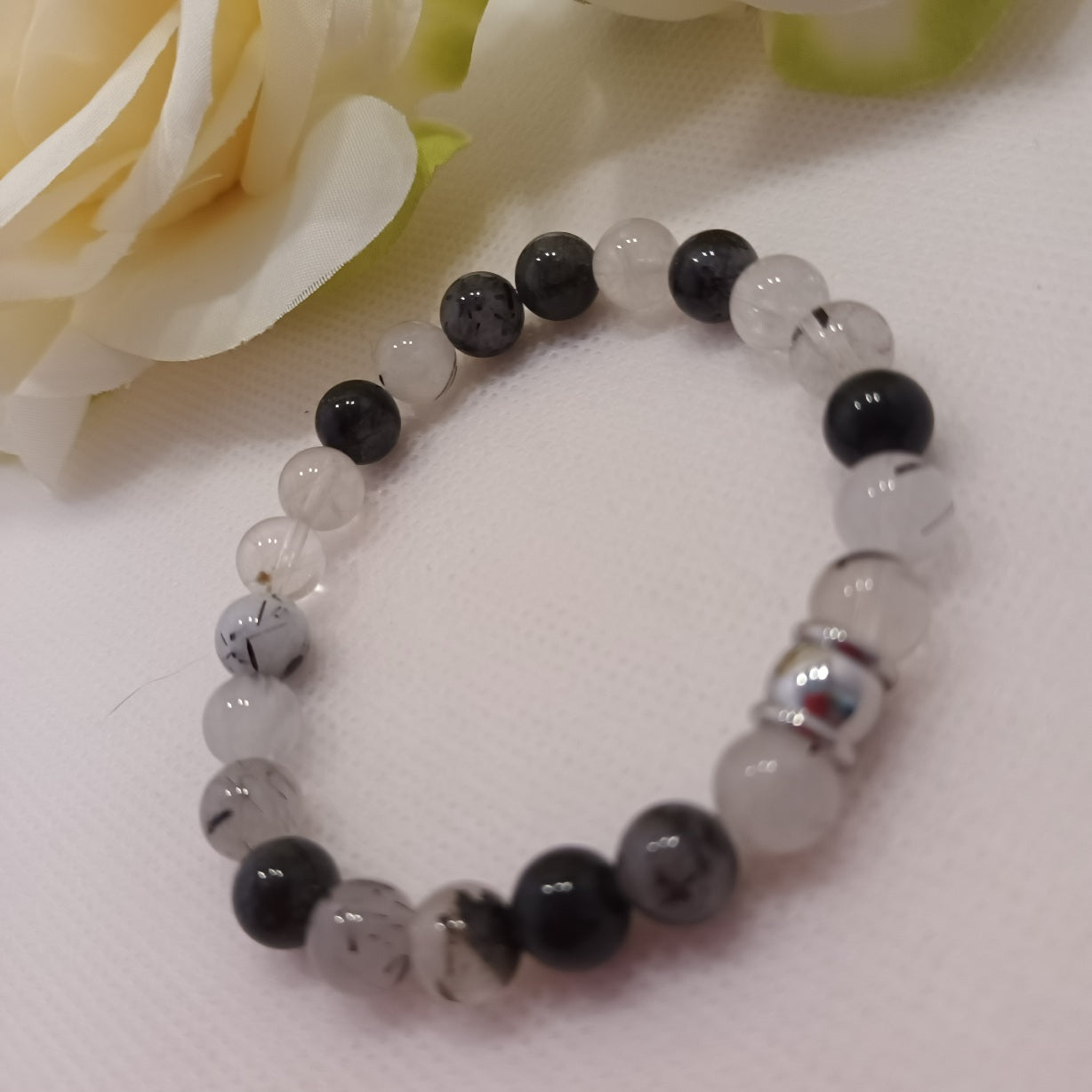 Bracelet quartz tourmaline 8 mm - perle acier inox - élastique 16 cm