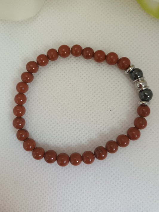 Bracelet jaspe rouge et hématite magnétique 6 mm - breloques acier inox  élastique 16 cm