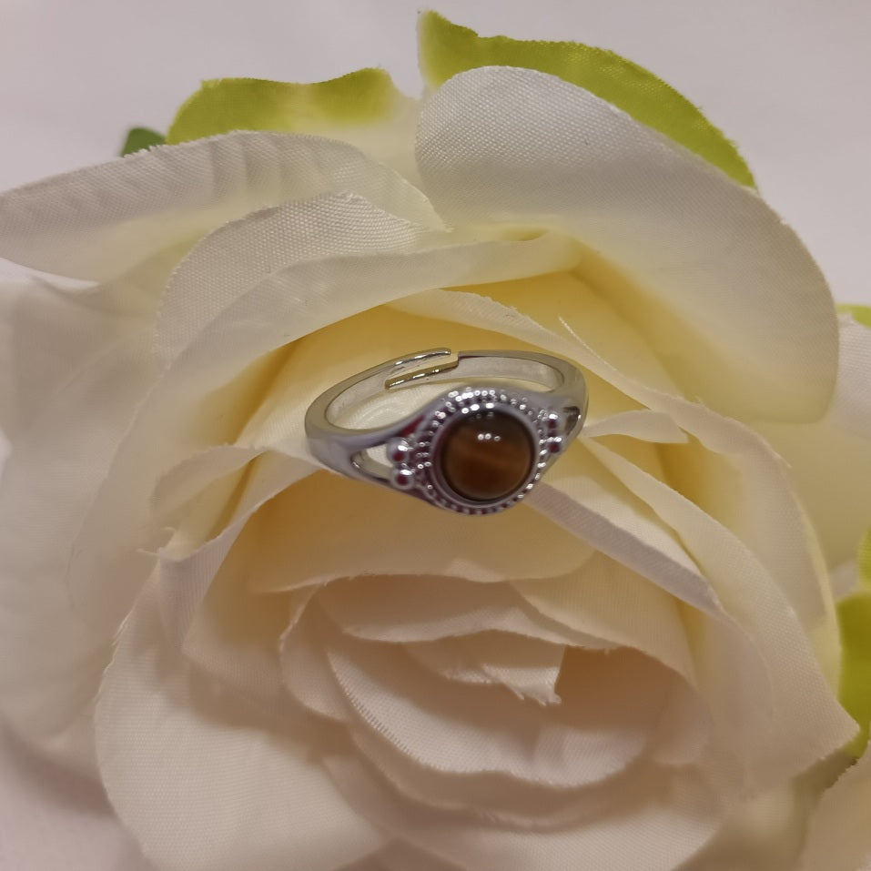 Bague réglable œil de tigre - pierre ronde - laiton rhodié