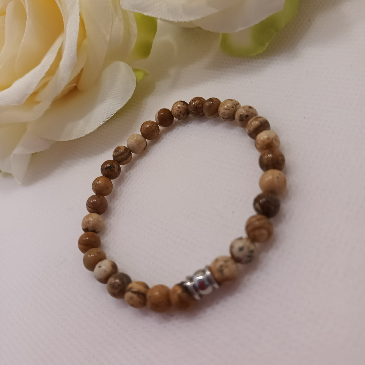 Bracelet jaspe paysage 6 mm - perle acier inox - élastique