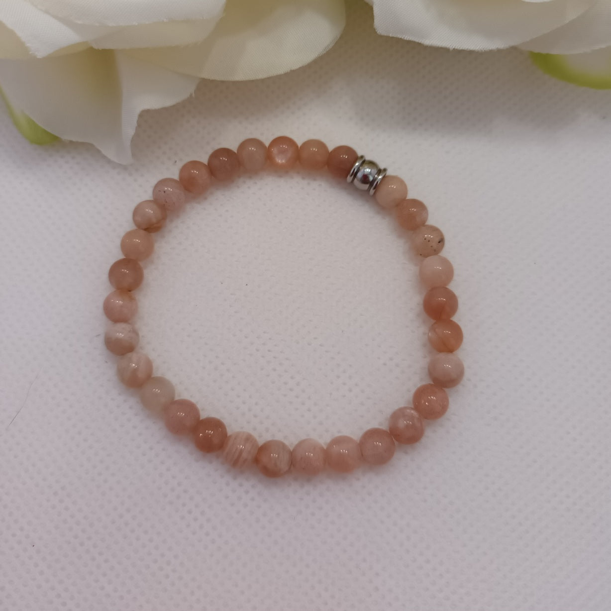 Bracelet pierre de lune rose - perle acier inox - élastique 15,5 cm